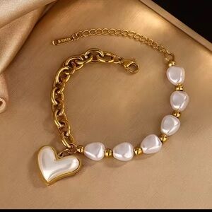 Anthropologie Gold and Cream Heart Bracelet